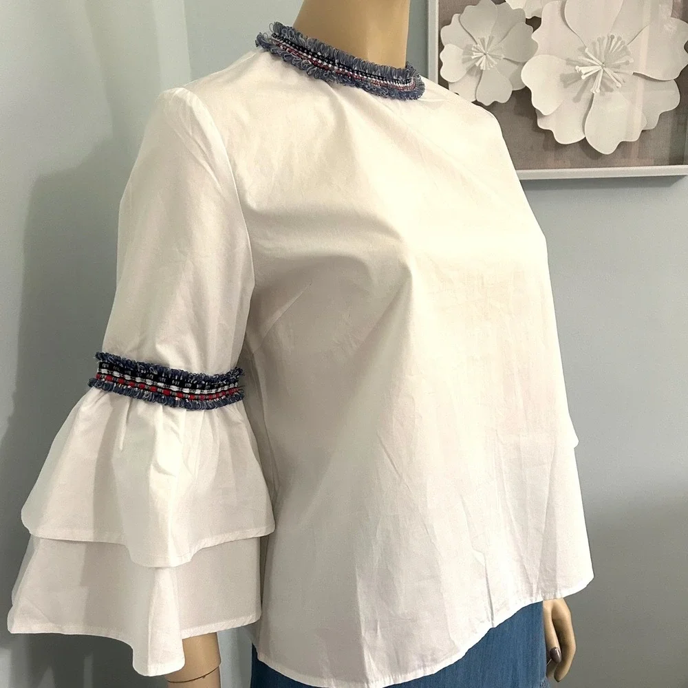 Few Moda White Ruffle Sleeve Boho Top‎ Cotton Blouse Small New - Picture 2 of 10